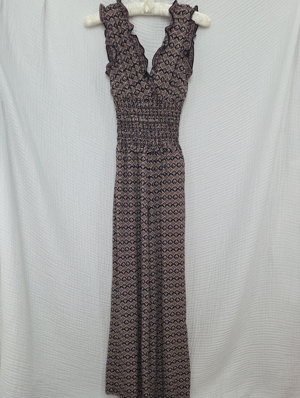 Sleeveless Smocked Maxi Dress in Brown Diamond Print